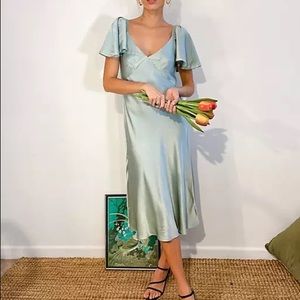 GHOST LONDON BRIDESMAID SATIN GREEN DRESS